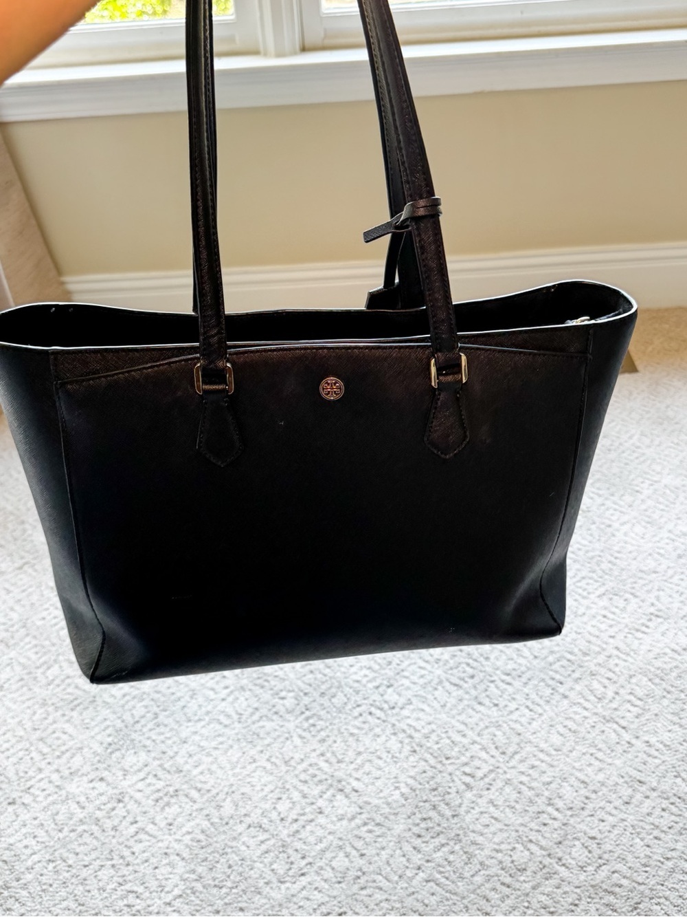 Tory Burch Black Leather Saffiano Tote with Gold Accents - Picture 10 of 12